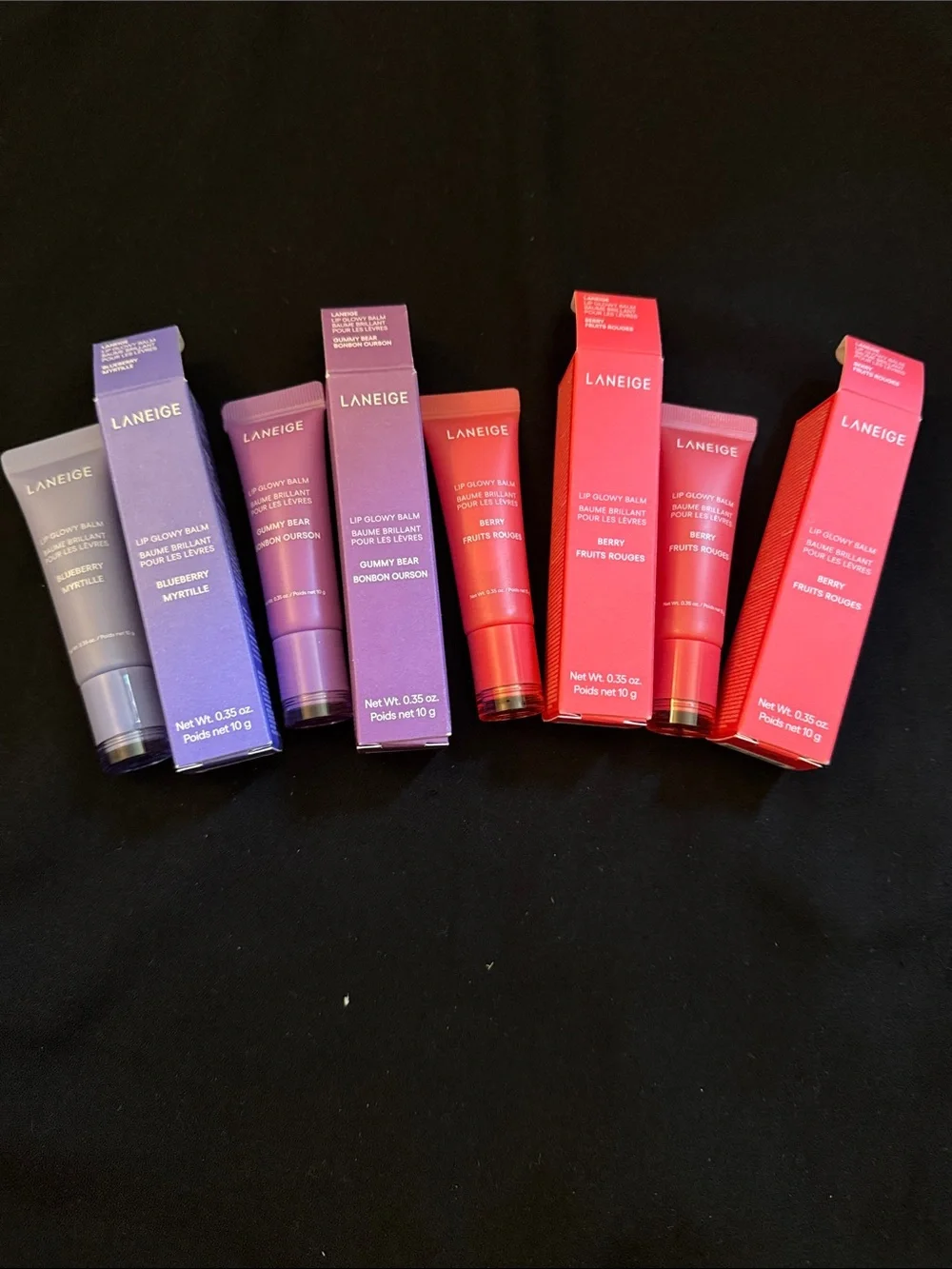 LANEIGE Lip Glowy Balm Pack - Blueberry, Gummy Bear, Berry (Purple, Pink, Red)